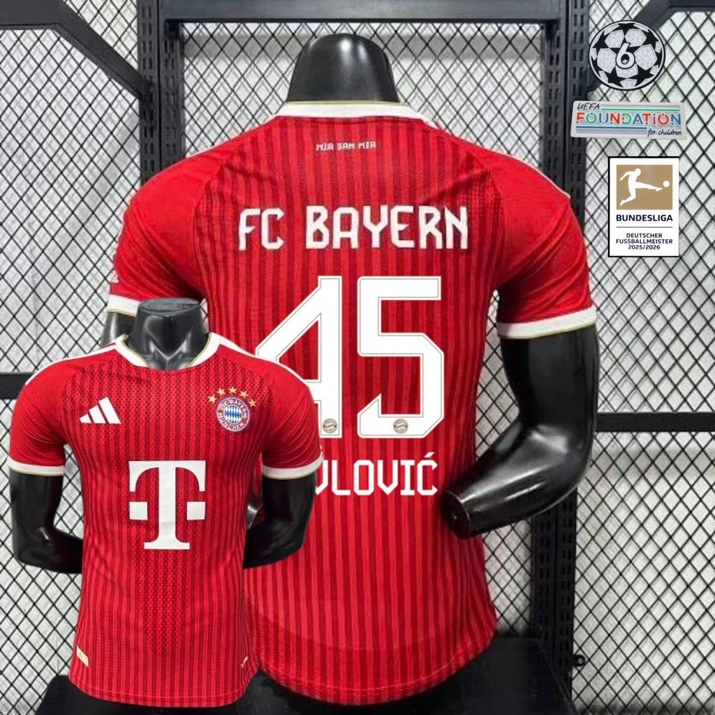 Red Bayern Munich short-sleeve home jersey, front and back views, with white trim and PAVLOVIĆ number 45 on the back.


