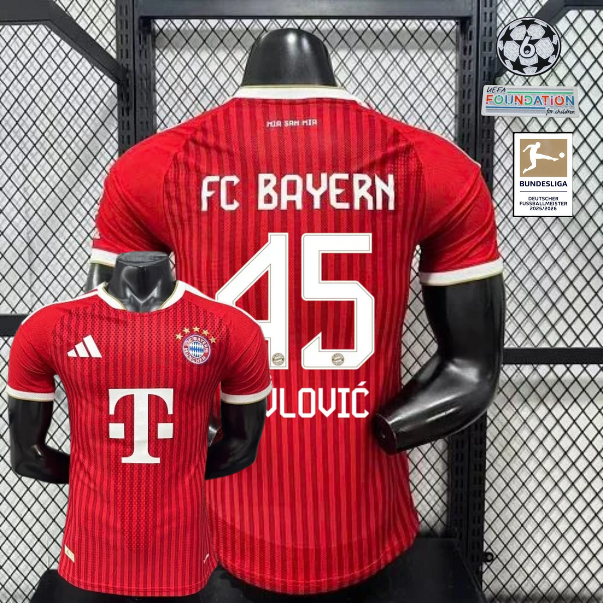 Red Bayern Munich short-sleeve home jersey, front and back views, with white trim and PAVLOVIĆ number 45 on the back.

