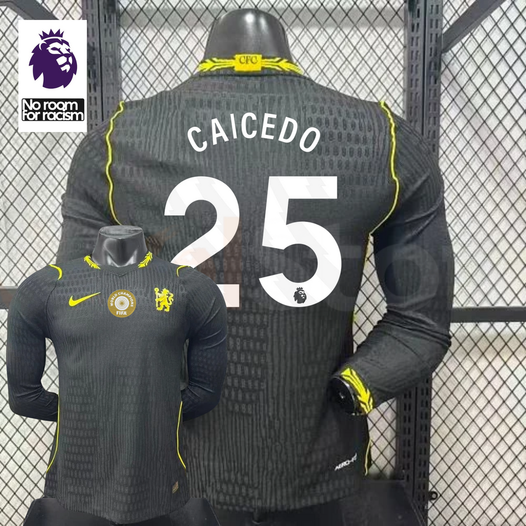 Chelsea dark grey long-sleeve jersey shown from the front and back, with white CAICEDO 25 print, neon yellow details and a gold FIFA World Champions chest badge.
