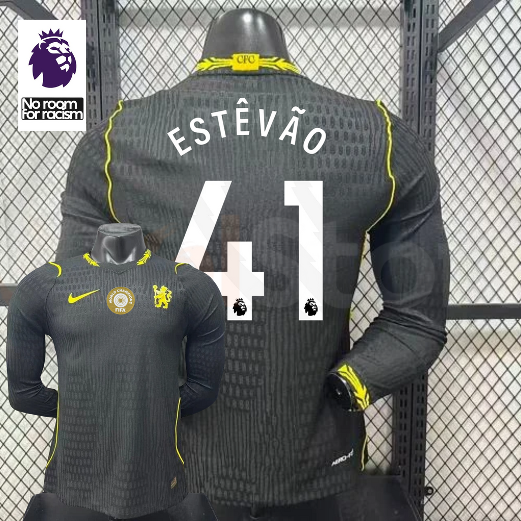 Chelsea dark grey long-sleeve jersey shown from the front and back, with white ESTÊVÃO 41 print, neon yellow details and a gold FIFA World Champions chest badge.
