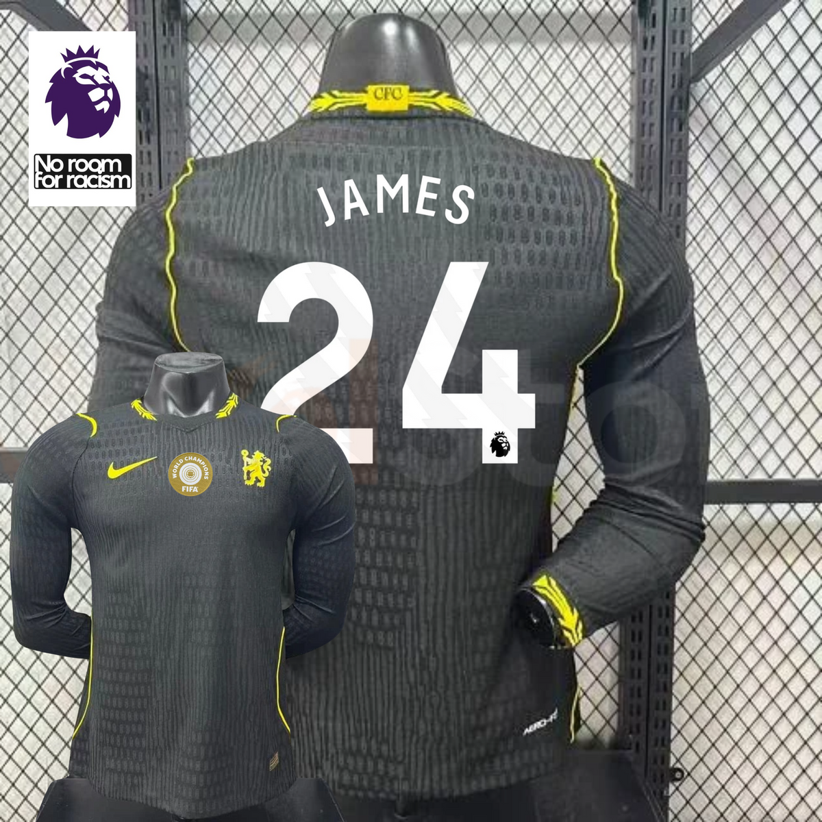 Chelsea dark grey long-sleeve jersey shown from the front and back, with white JAMES 24 print, neon yellow details and a gold FIFA World Champions chest badge.
