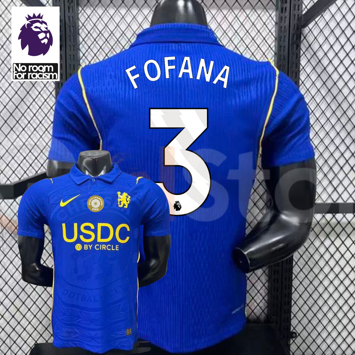Front and back views of a blue Chelsea short-sleeve jersey with yellow details, white Fofana number 3 print and a gold chest badge, alongside a Premier League graphic.
