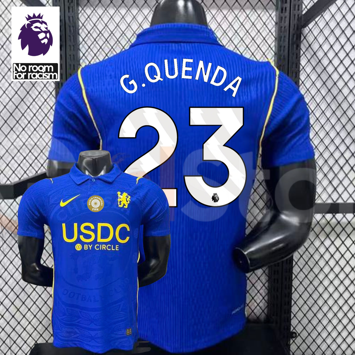  Front and back views of a blue Chelsea short-sleeve jersey with yellow details, white G. Quenda number 23 print and a gold chest badge, alongside a Premier League graphic.