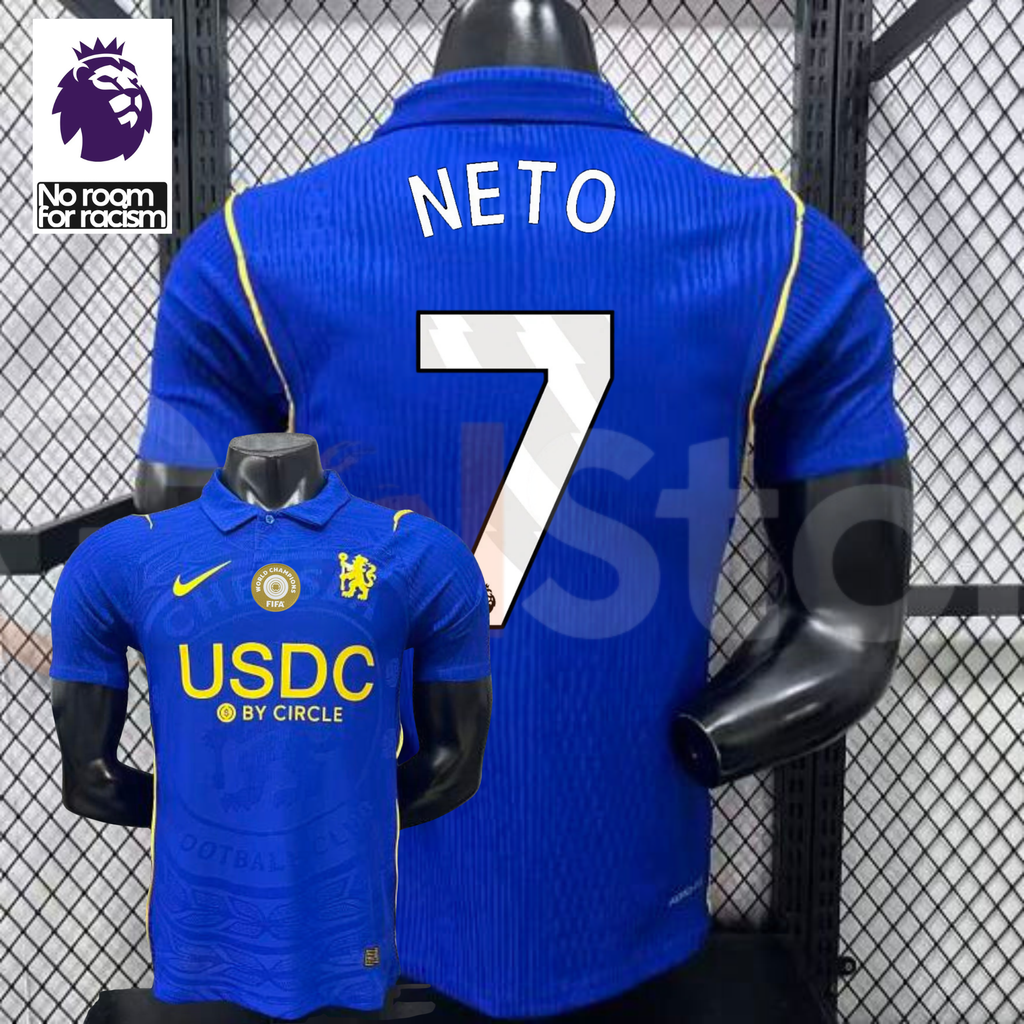 Front and back views of a blue Chelsea short-sleeve jersey with yellow details, white Neto number 7 print and a gold chest badge, alongside a Premier League graphic.