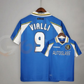 Front and back views of a blue Chelsea FC retro short-sleeve home jersey with white panels, yellow trim, Autoglass sponsor and Vialli number 9 print.