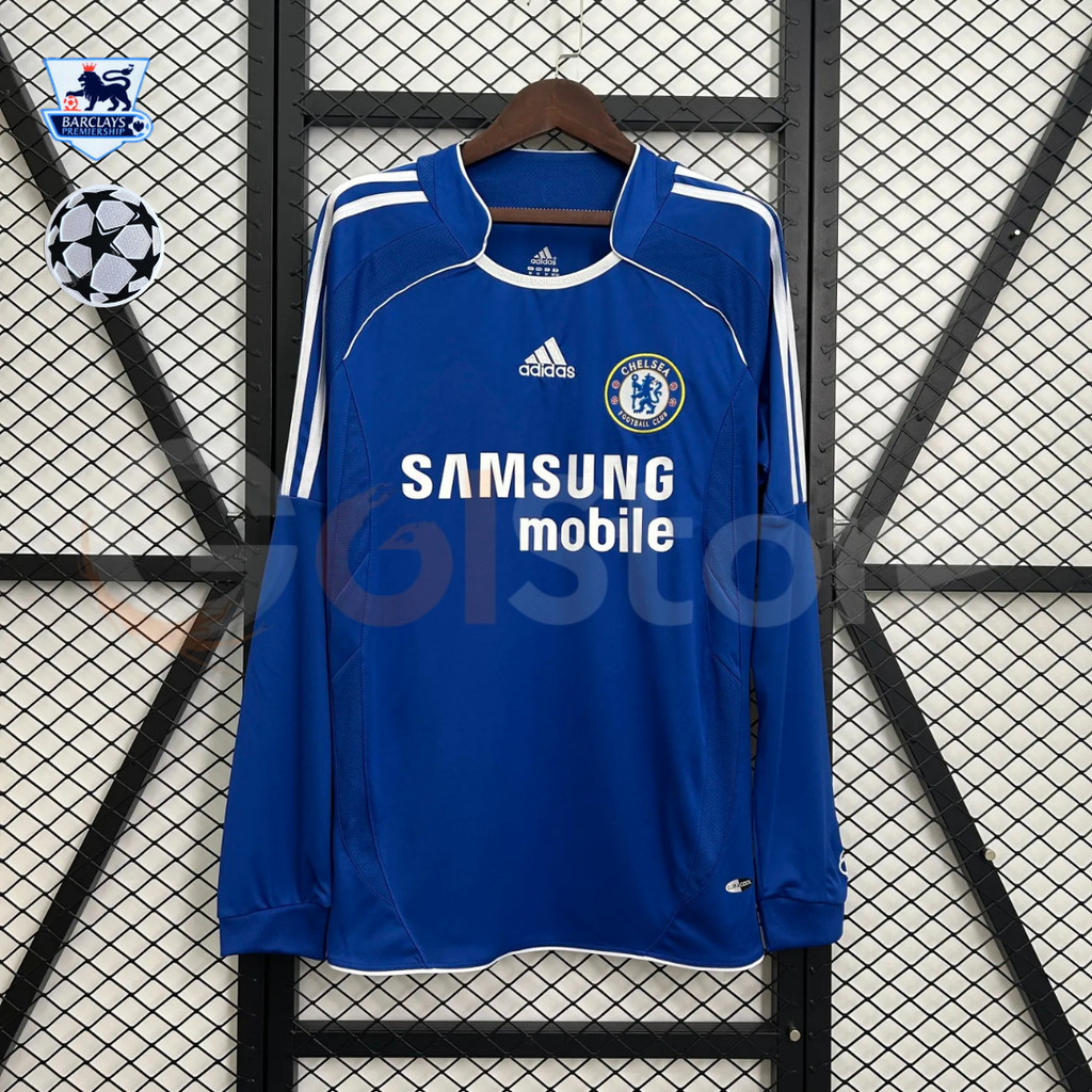 Front view of a blue Chelsea FC 2006–2007 long-sleeve home jersey with white shoulder stripes, white piping, Chelsea crest and Samsung Mobile sponsor lettering.