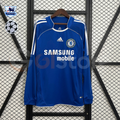 Front view of a blue Chelsea FC 2006–2007 long-sleeve home jersey with white shoulder stripes, white piping, Chelsea crest and Samsung Mobile sponsor lettering.