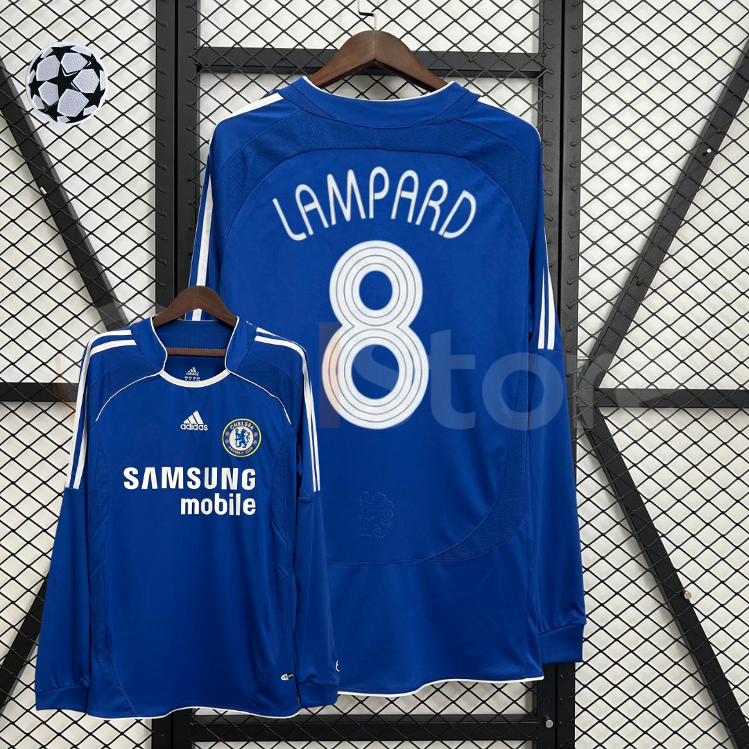 Front and back views of a blue Chelsea FC 2006–2007 long-sleeve home jersey with white Lampard #8 printing, white sleeve stripes and Samsung Mobile sponsor lettering.