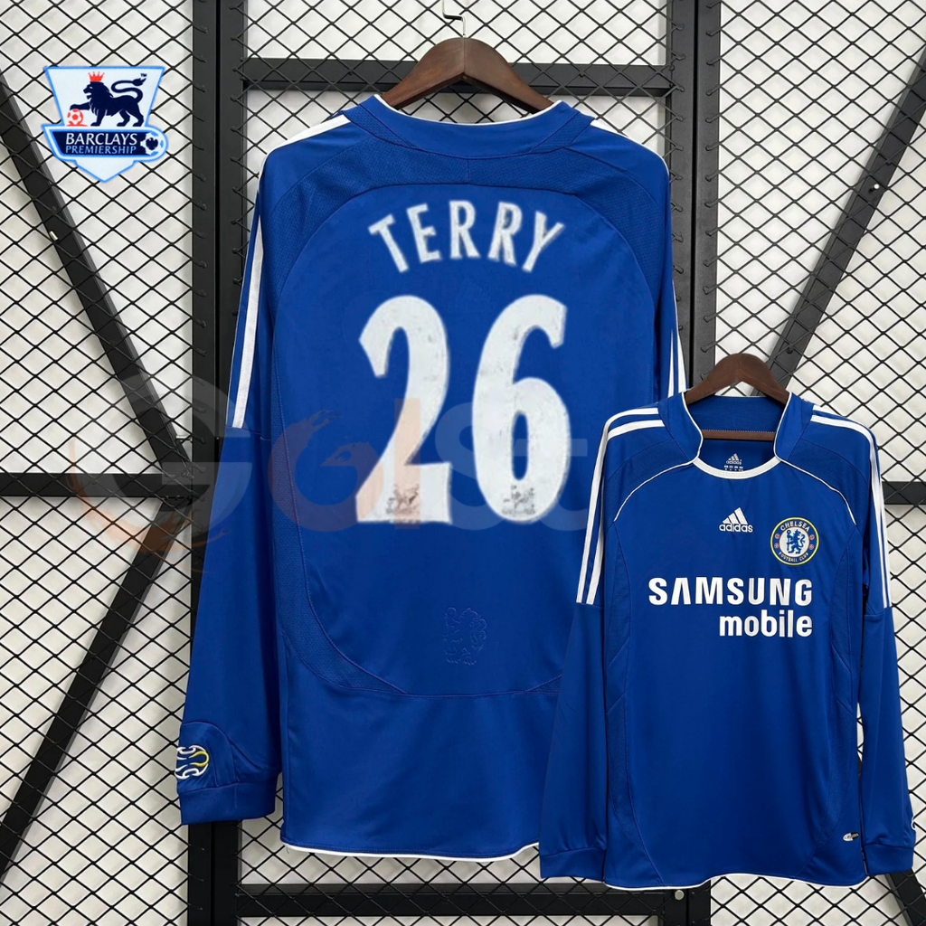 Front and back views of a blue Chelsea FC 2006–2007 long-sleeve home jersey with white Terry #26 printing, white sleeve stripes and Samsung Mobile sponsor lettering.