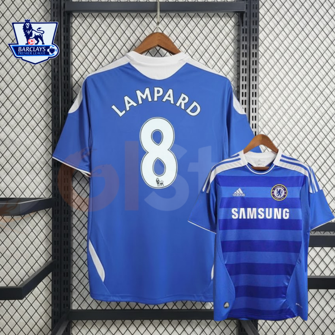 Front and back views of a blue Chelsea FC 2011–2012 retro short-sleeve home jersey with white Lampard #8 printing, tonal horizontal stripes, Chelsea crest and Samsung sponsor.
