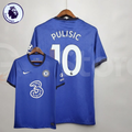Front and back views of a blue Chelsea FC 2020–2021 short-sleeve home jersey with white Pulisic #10 printing, subtle chevron patterns and dark collar and sleeve trim.