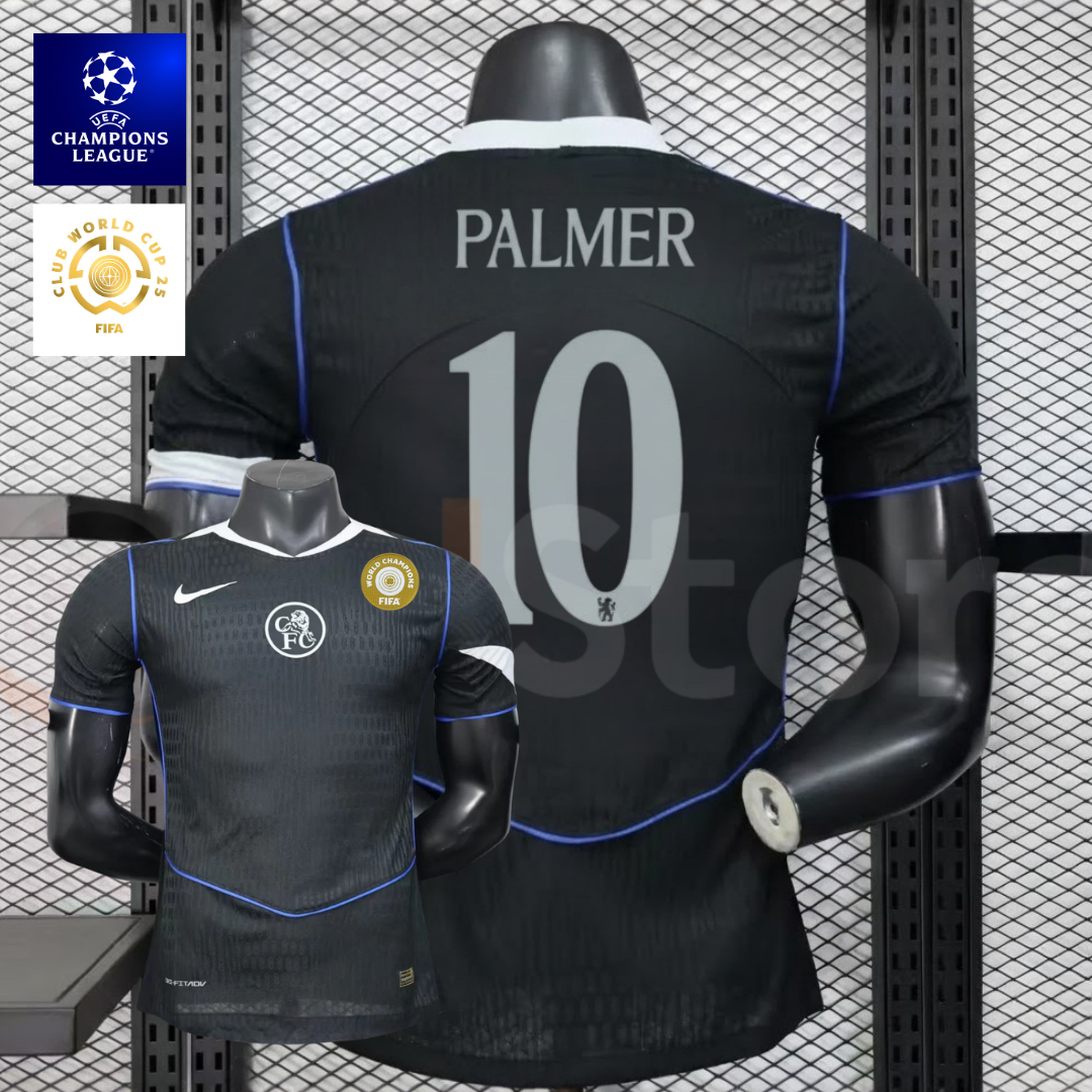 Front and back views of a black Chelsea FC short-sleeve third jersey with blue piping, Palmer number 10 print and a gold FIFA World Champions chest badge.