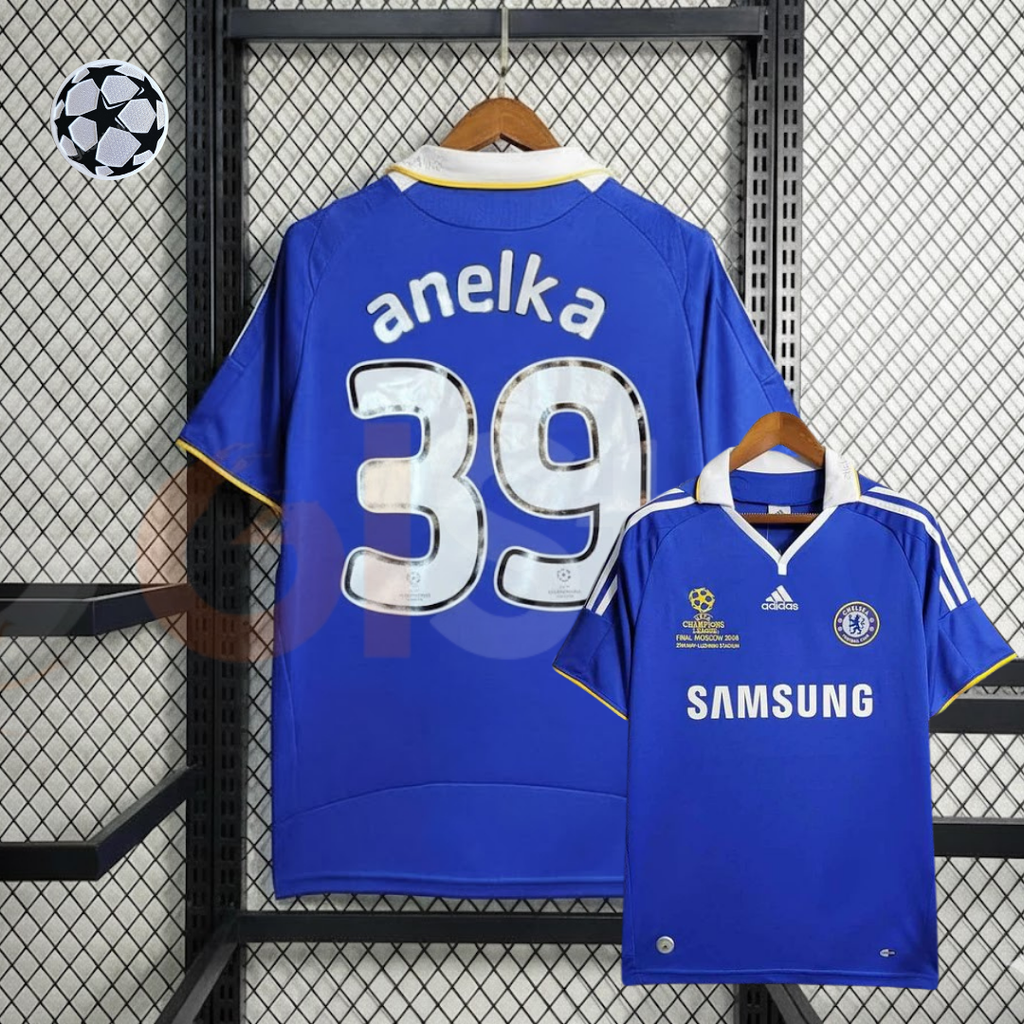Front and back views of a blue Chelsea FC retro short-sleeve home jersey with white Anelka #39 printing, white collar, yellow trim, Samsung sponsor and Moscow 2008 final chest detailing.
