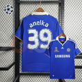 Front and back views of a blue Chelsea FC retro short-sleeve home jersey with white Anelka #39 printing, white collar, yellow trim, Samsung sponsor and Moscow 2008 final chest detailing.