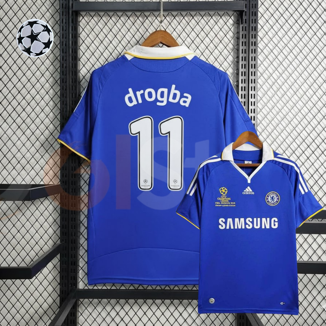 Front and back views of a blue Chelsea FC retro home jersey with white Drogba #11 printing, white collar, yellow trim, Samsung sponsor and Moscow 2008 final chest embroidery.