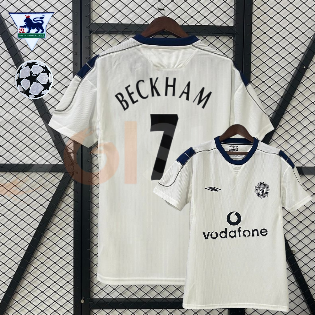 Manchester United 2000-2001 Retro Away White SS Jersey #7 Beckham Personalized UCL PL Patch Rare