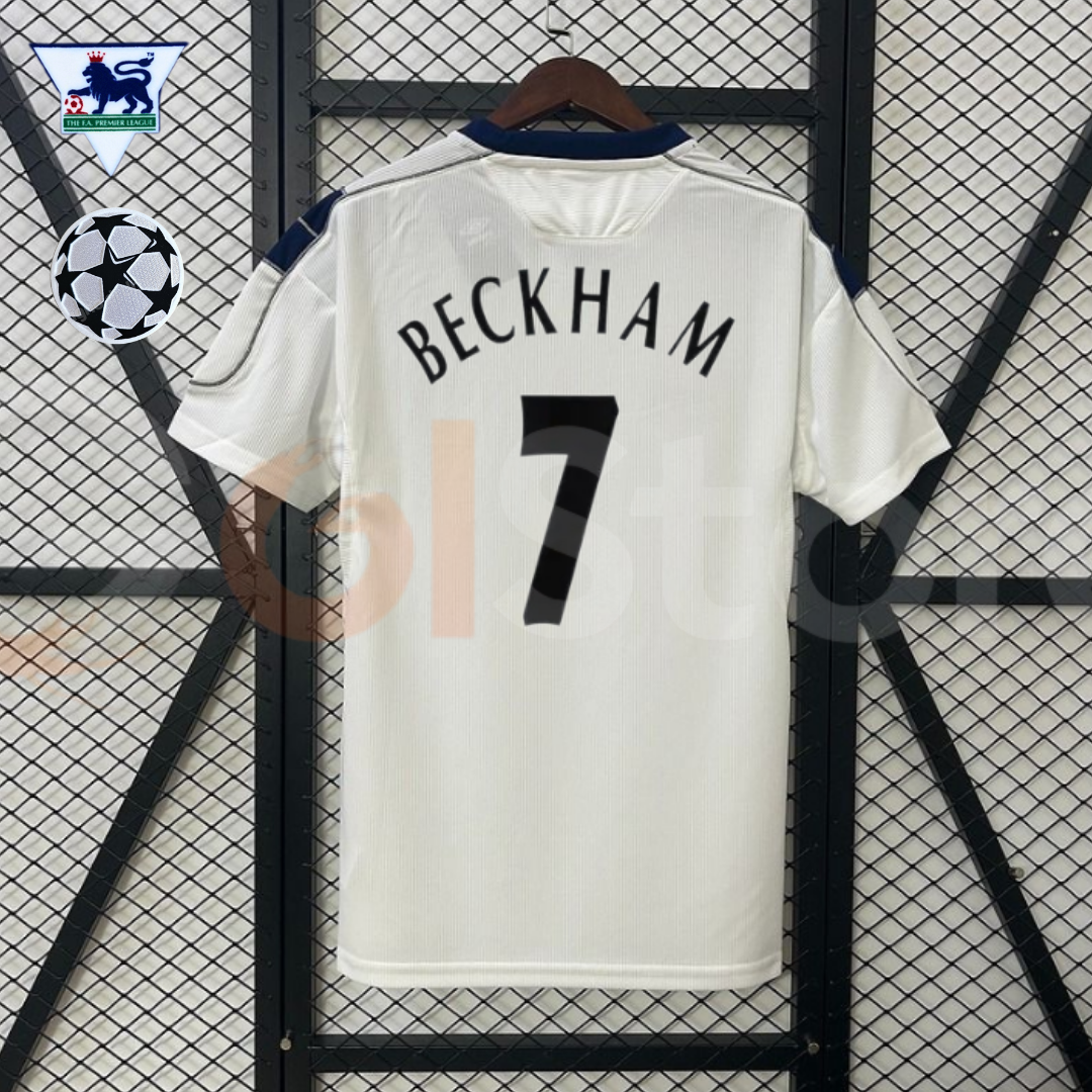 Manchester United 2000-2001 Retro Away White SS Jersey #7 Beckham Personalized UCL PL Patch Rare