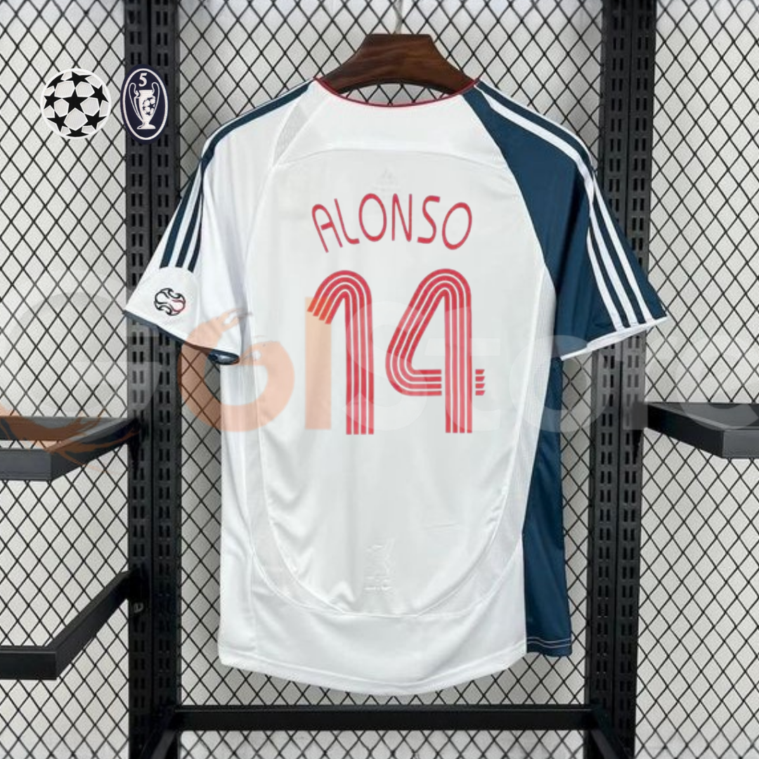 2006-2007 Liverpool Retro White Away Short Sleeve Jersey #14 Alonso Personalized UCL Patch