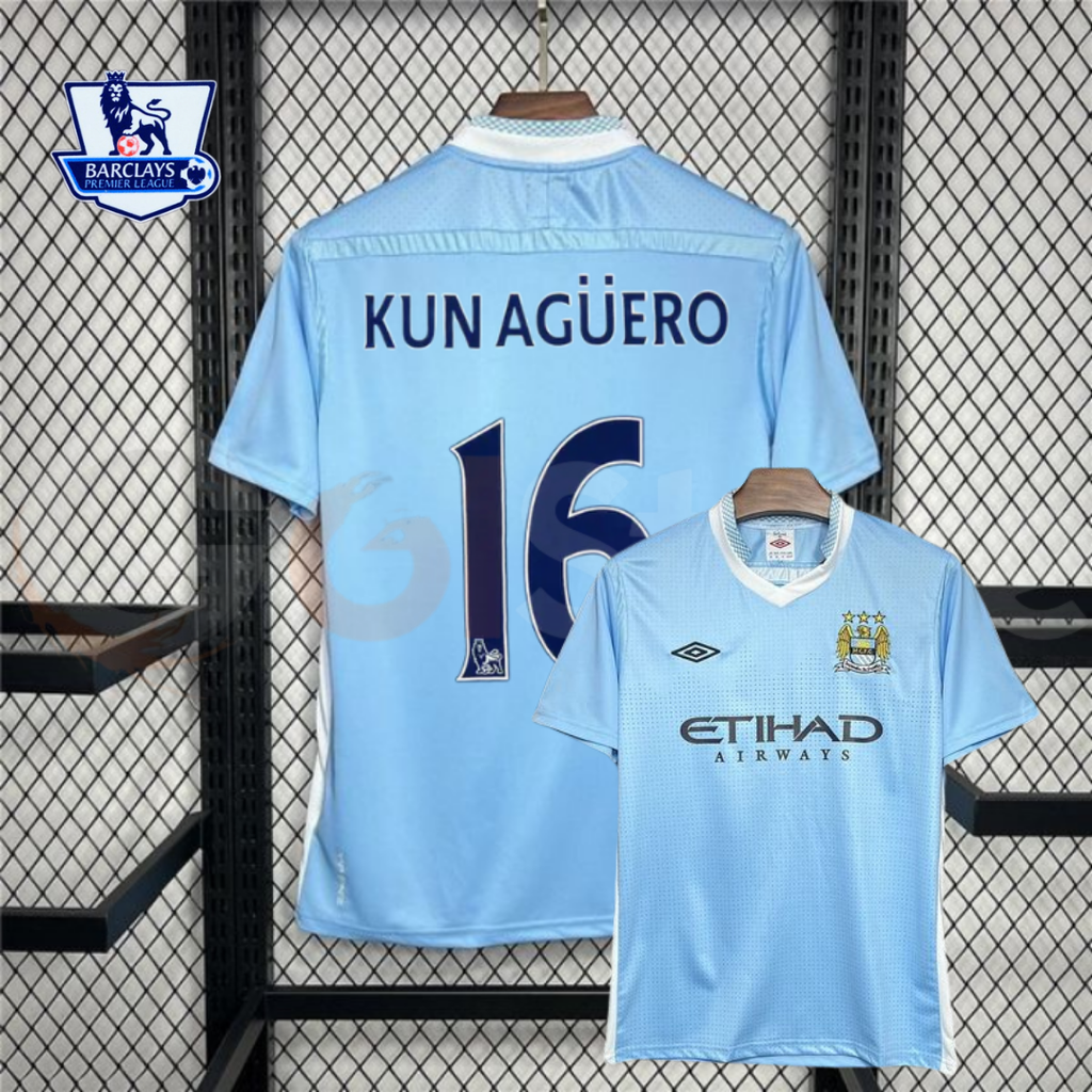 Manchester City 2011-2012 Retro Home Short Sleeve Jersey #16 Kun Aguero Personalized PL Patch Rare