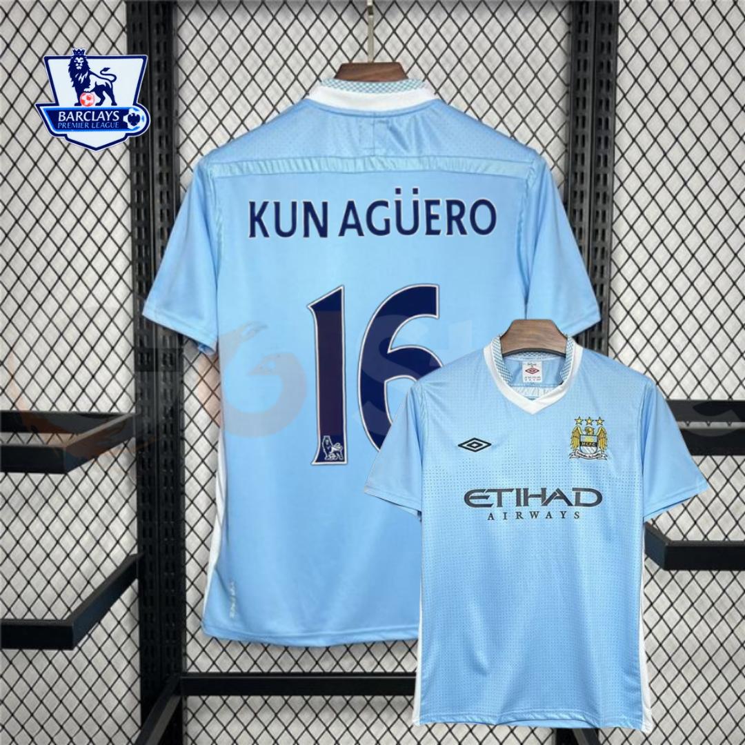 Manchester City 2011-2012 Retro Home Short Sleeve Jersey #16 Kun Aguero Personalized PL Patch Rare