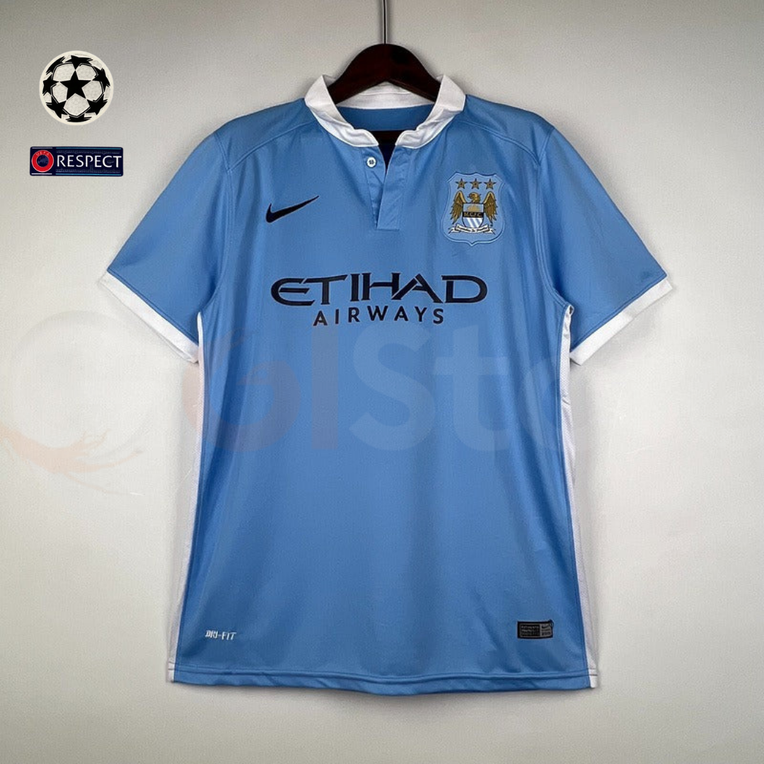 Manchester City 2015-2016 Retro Home Short Sleeve Jersey #10 Aguero UCL Patch Personalized Rare