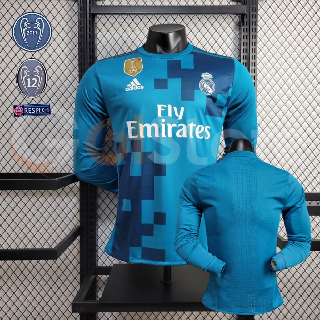 2017/18 Real Madrid Retro Third Blue Jersey Long Sleeve UCL Personalized