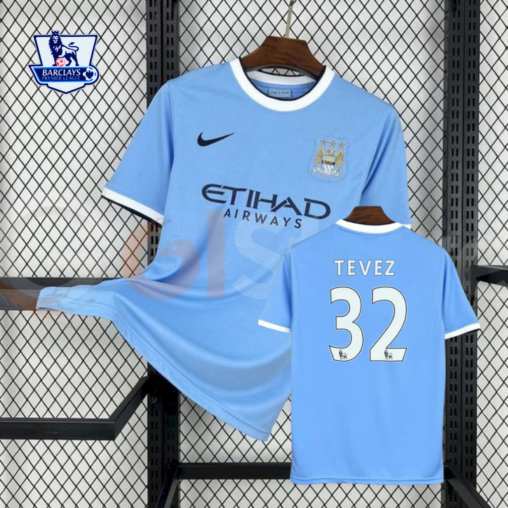 Manchester City 2013-2014 Retro Home Short Sleeve Jersey #32 Tevez Premier League Patch Personalized Rare