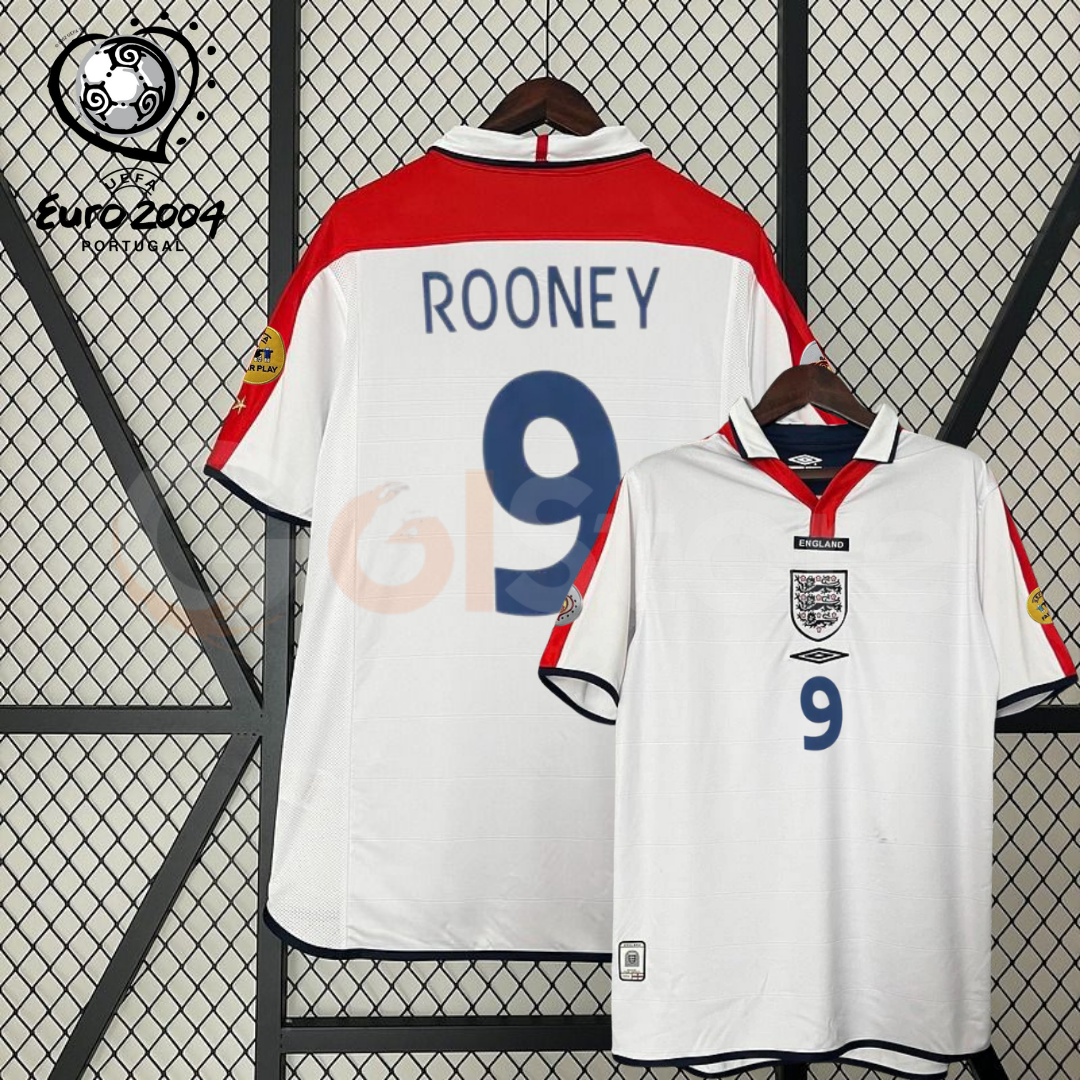 Front and back views of a white England short-sleeve retro jersey with red shoulder panels, dark blue Rooney number 9 print and sleeve patches, alongside a EURO 2004 graphic.