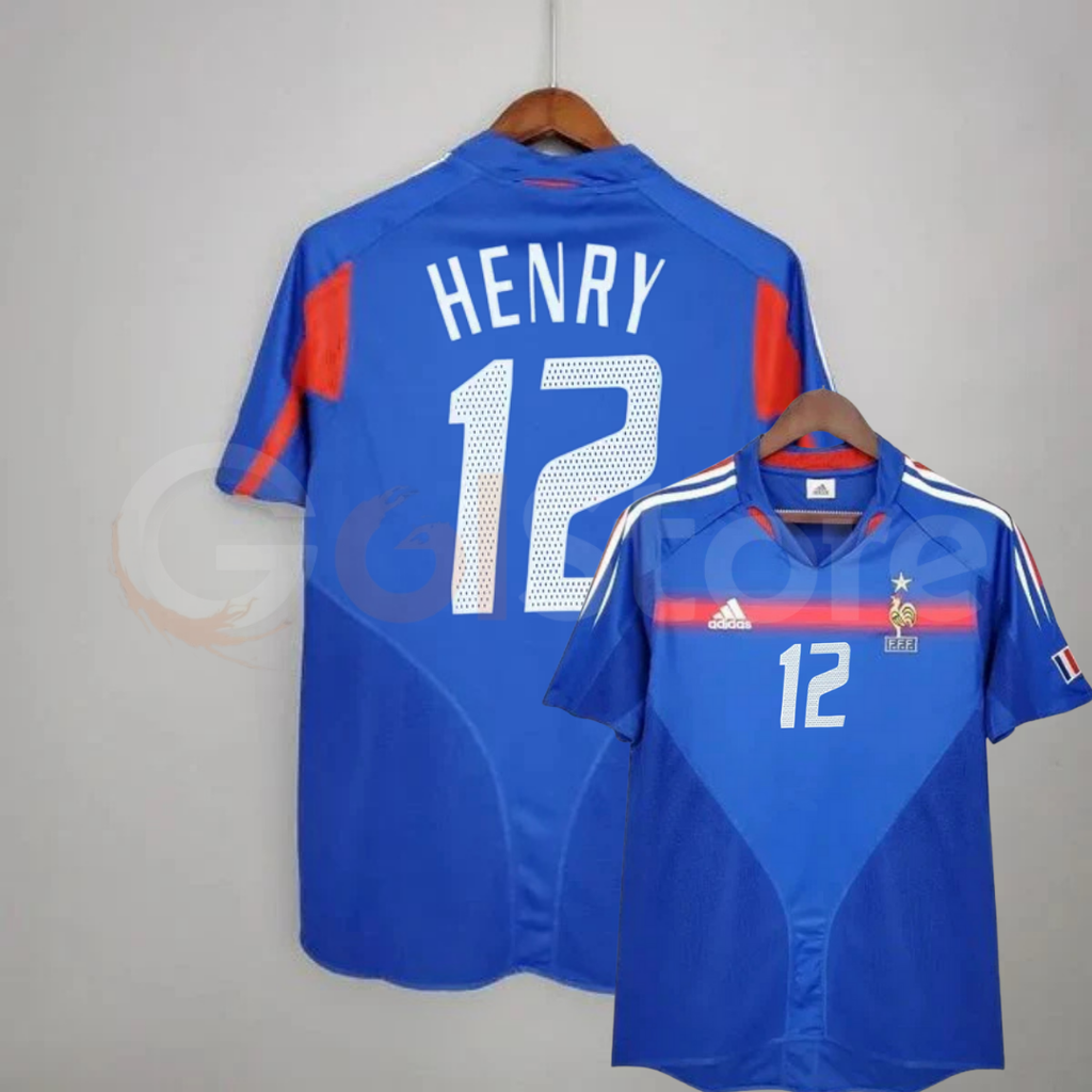 France 2004 retro blue short-sleeve home jersey, front and back views with white Henry #12 lettering, red detailing, white shoulder stripes and the national team crest.