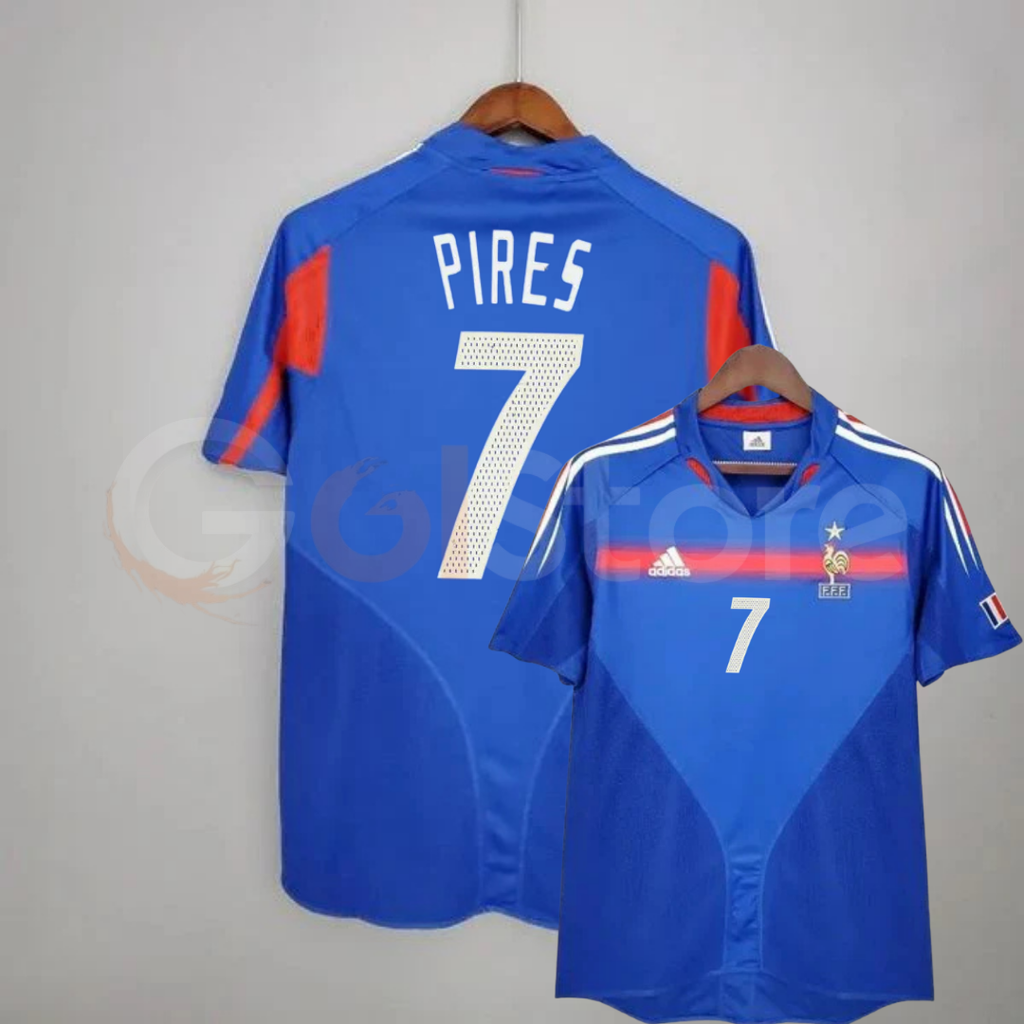 France 2004 retro blue short-sleeve home jersey, front and back views with white Pires #7 lettering, red detailing, white shoulder stripes and the national team crest.