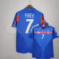 France 2004 retro blue short-sleeve home jersey, front and back views with white Pires #7 lettering, red detailing, white shoulder stripes and the national team crest.