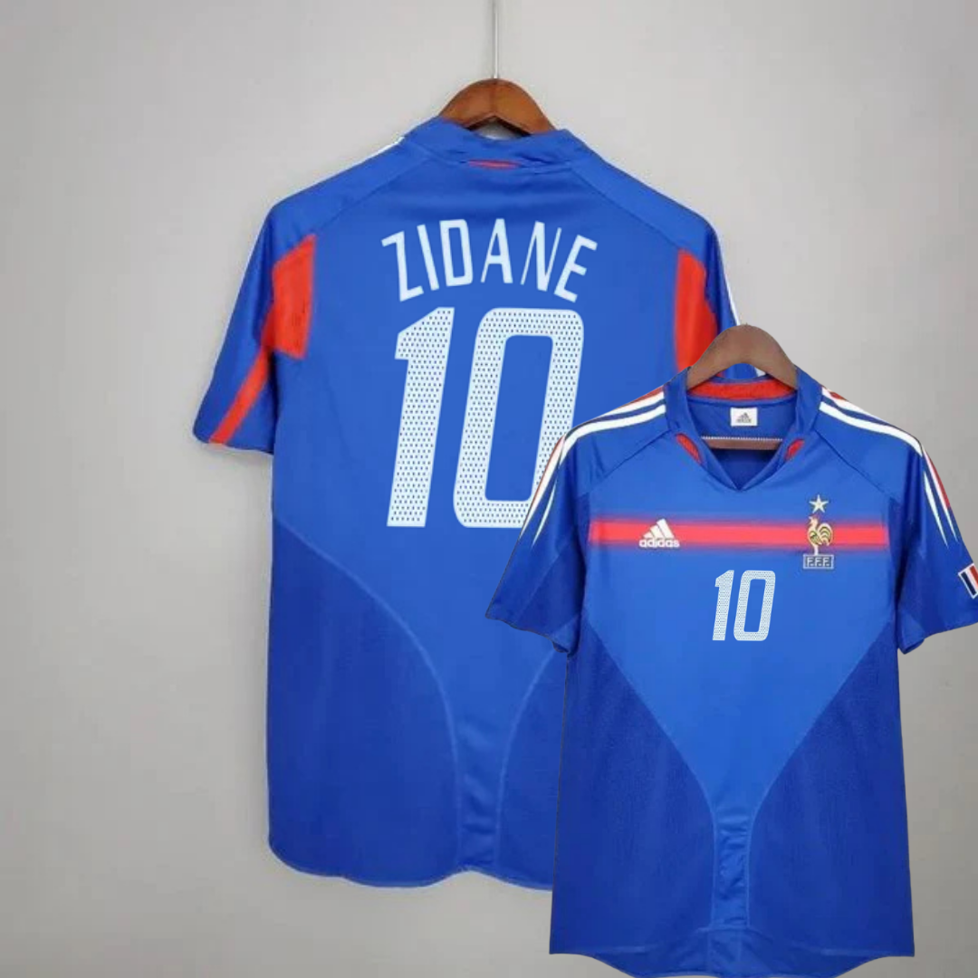 France 2004 retro blue short-sleeve home jersey, front and back views with white Zidane #10 lettering, red detailing, white shoulder stripes and the national team crest.