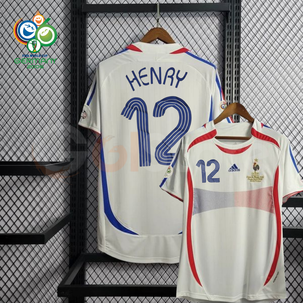 France 2006 retro white short-sleeve away jersey, front and back views with blue Henry #12 lettering, red and blue detailing, and World Cup sleeve patches.