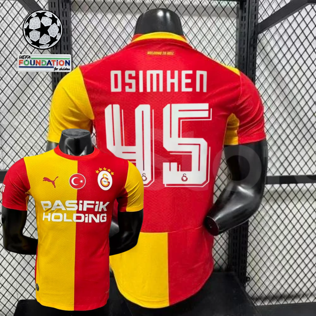 Front and back views of a red and yellow Galatasaray short-sleeve home jersey with white Osimhen number 45 print and Pasifik Holding sponsor.
