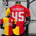 Front and back views of a red and yellow Galatasaray short-sleeve home jersey with white Osimhen number 45 print and Pasifik Holding sponsor.