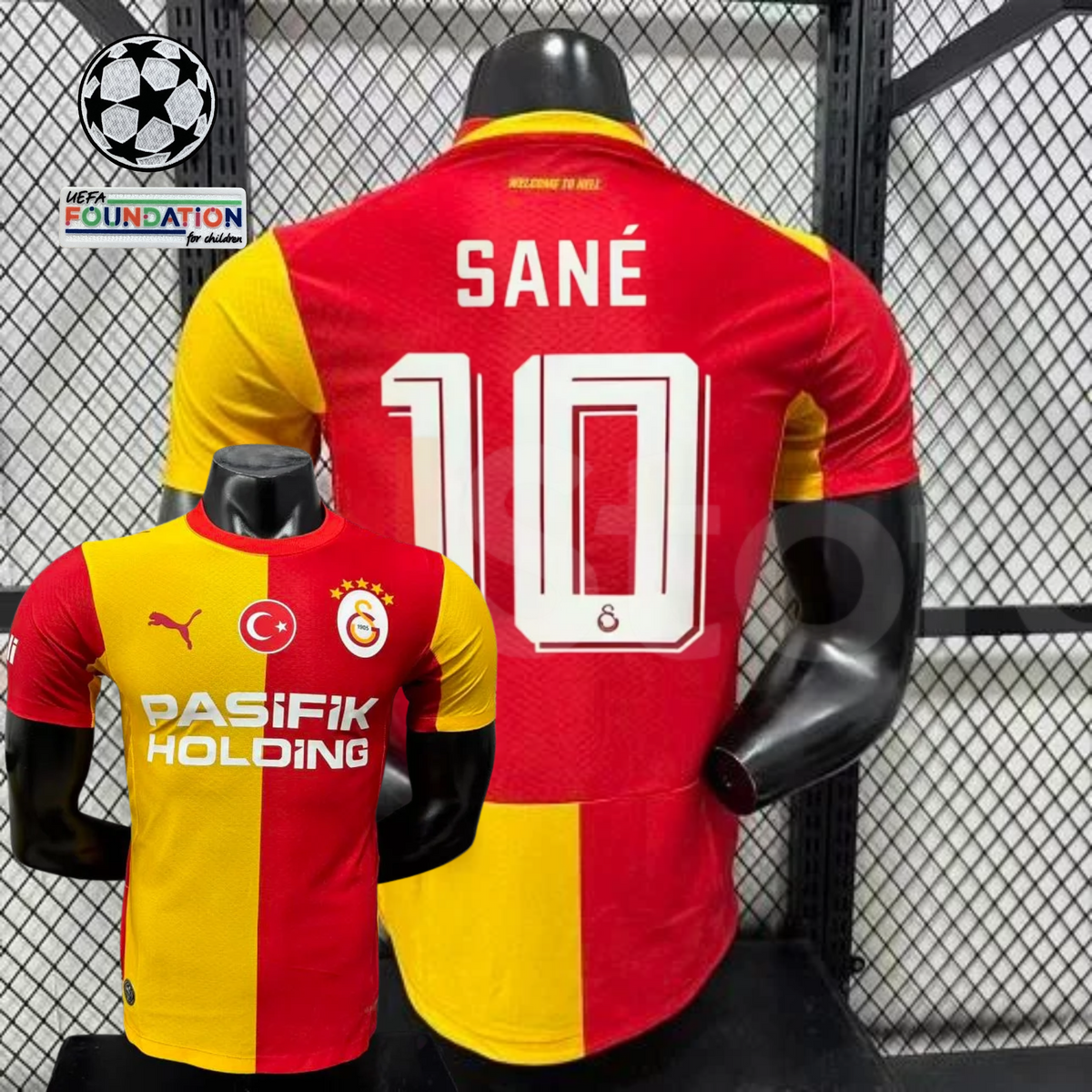 Front and back views of a red and yellow Galatasaray short-sleeve home jersey with white Sané number 10 print and Pasifik Holding sponsor.