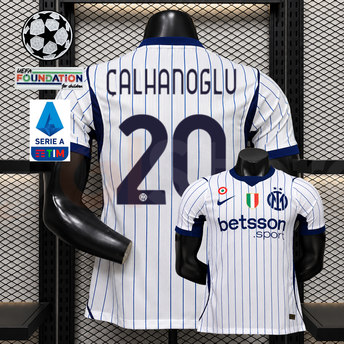  Front and back views of a white Inter Milan short-sleeve jersey with blue pinstripes, navy Çalhanoğlu number 20 print and Betsson Sport sponsor, alongside UCL and Serie A graphics.