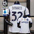  Front and back views of a white Inter Milan short-sleeve jersey with blue pinstripes, navy Dimarco number 32 print and Betsson Sport sponsor, alongside UCL and Serie A graphics.
