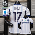 Front and back views of a white Inter Milan short-sleeve jersey with blue pinstripes, navy Diouf number 17 print and Betsson Sport sponsor, alongside UCL and Serie A graphics.