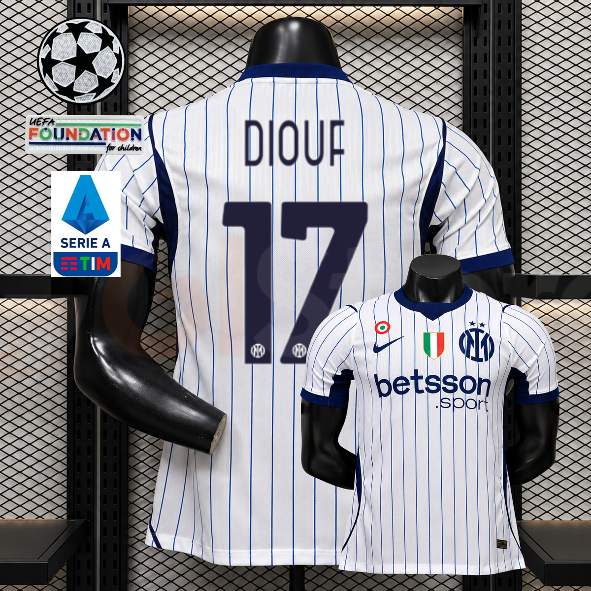 Front and back views of a white Inter Milan short-sleeve jersey with blue pinstripes, navy Diouf number 17 print and Betsson Sport sponsor, alongside UCL and Serie A graphics.