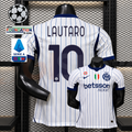 Front and back views of a white Inter Milan short-sleeve jersey with thin blue pinstripes, navy Lautaro number 10 print and Betsson Sport sponsor, alongside UCL and Serie A graphics.