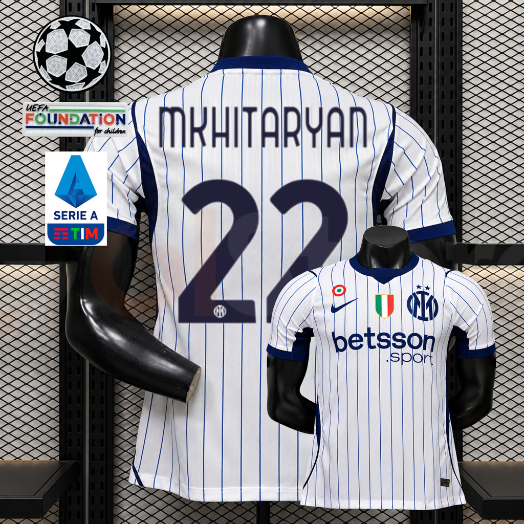 Front and back views of a white Inter Milan short-sleeve jersey with blue pinstripes, navy Mkhitaryan number 22 print and Betsson Sport sponsor, alongside UCL and Serie A graphics.