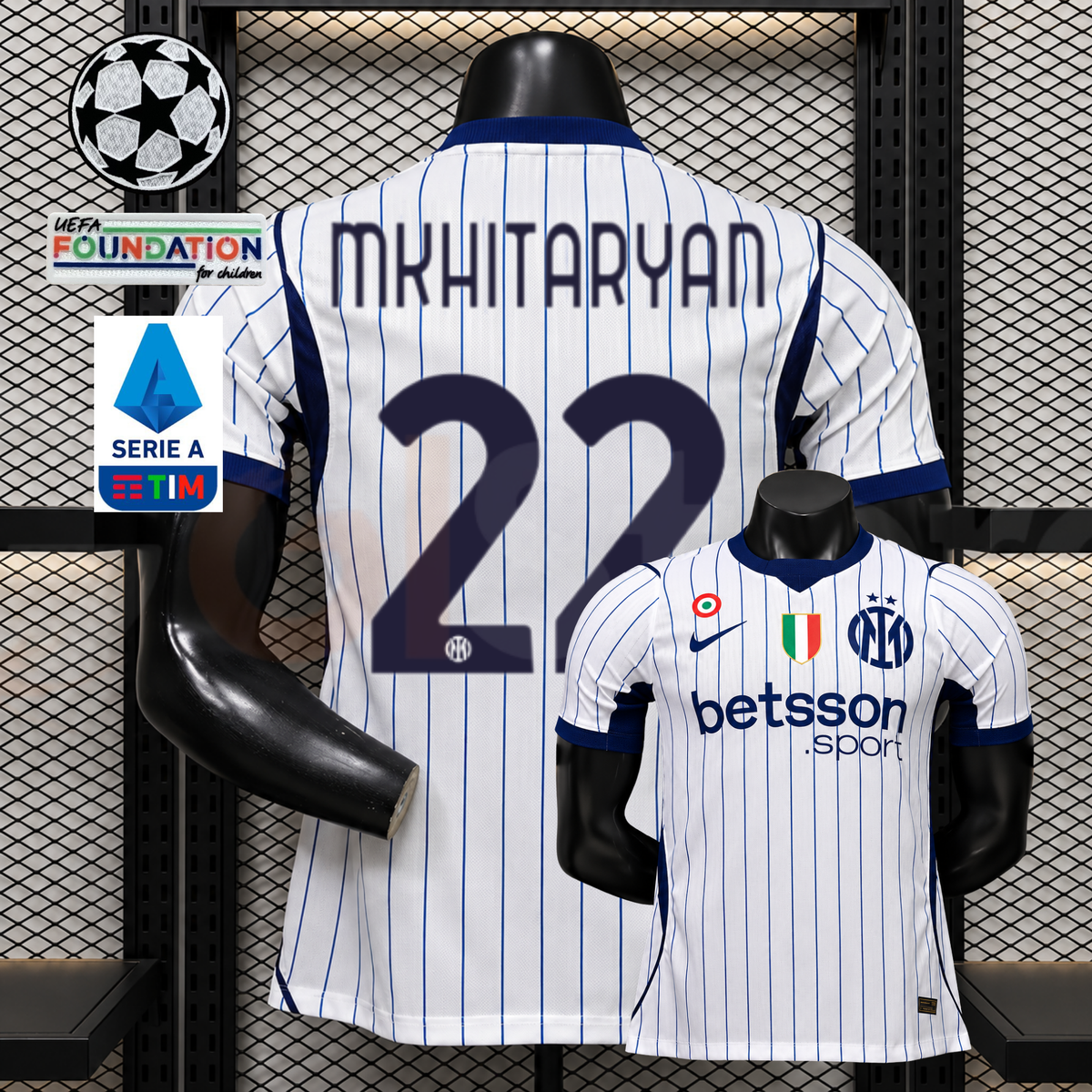 Front and back views of a white Inter Milan short-sleeve jersey with blue pinstripes, navy Mkhitaryan number 22 print and Betsson Sport sponsor, alongside UCL and Serie A graphics.