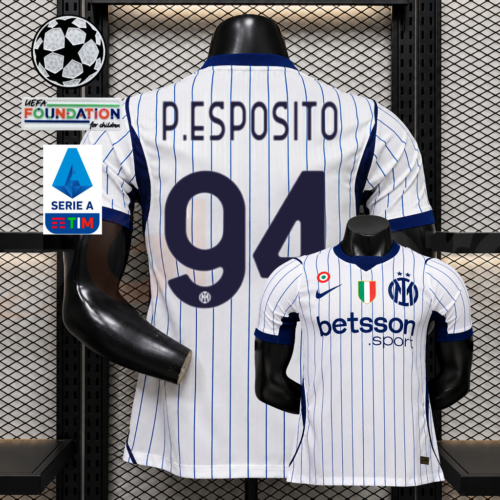 Front and back views of a white Inter Milan short-sleeve jersey with blue pinstripes, navy P. Esposito number 94 print and Betsson Sport sponsor, alongside UCL and Serie A graphics.