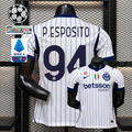 Front and back views of a white Inter Milan short-sleeve jersey with blue pinstripes, navy P. Esposito number 94 print and Betsson Sport sponsor, alongside UCL and Serie A graphics.