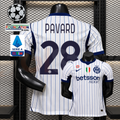  Front and back views of a white Inter Milan short-sleeve jersey with thin blue pinstripes and navy Pavard number 28 print, alongside UCL and Serie A graphics.