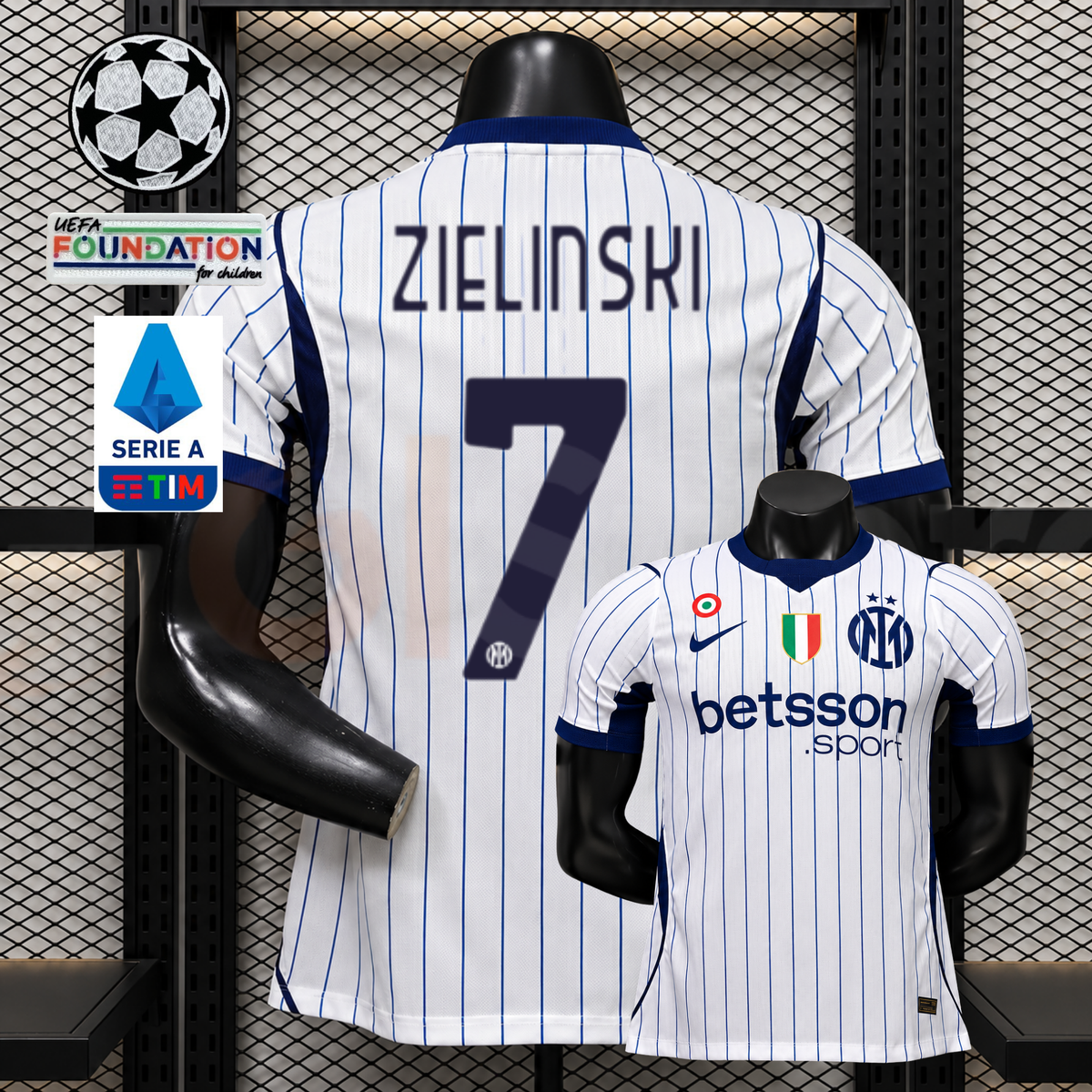 Front and back views of a white Inter Milan short-sleeve jersey with thin blue pinstripes, navy Zielinski number 7 print and Betsson Sport sponsor, alongside UCL and Serie A graphics.