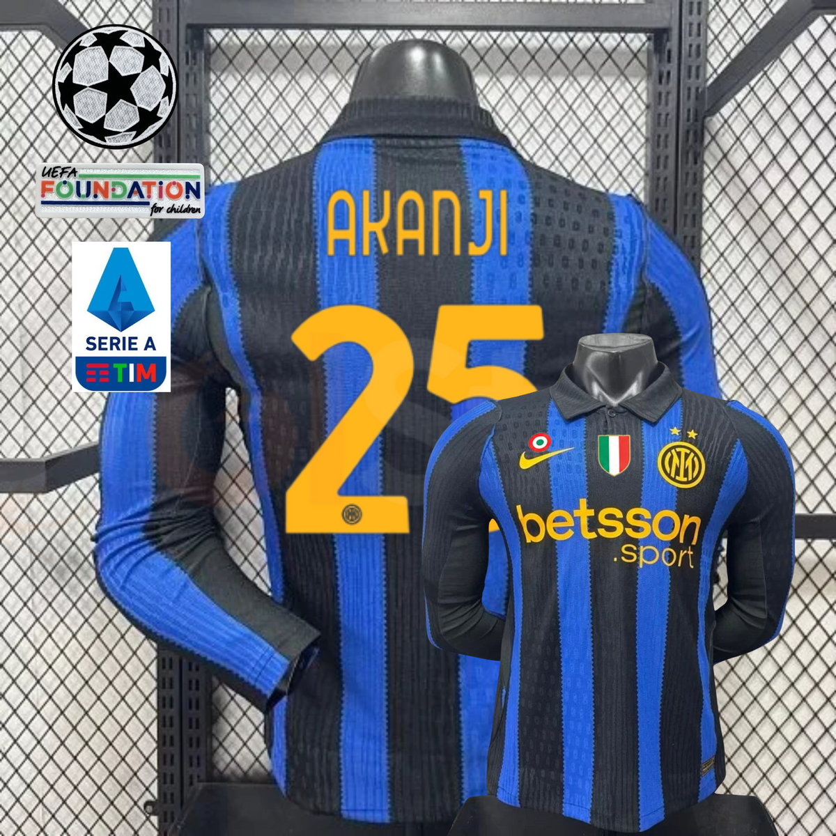 Front and back views of a blue and black striped Inter Milan long-sleeve jersey with yellow Akanji number 25 print, club crest and Betsson Sport sponsor, alongside UCL and Serie A graphics.