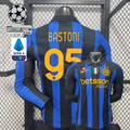  Front and back views of a blue and black striped Inter Milan long-sleeve jersey with yellow Bastoni number 95 print, club crest and Betsson Sport sponsor, alongside UCL and Serie A graphics.