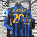 Front and back views of a blue and black striped Inter Milan long-sleeve jersey with yellow Çalhanoğlu number 20 print, club crest and Betsson Sport sponsor, alongside UCL and Serie A graphics.